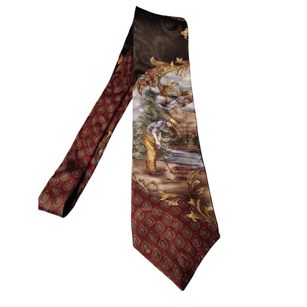 Oscar de la Renta Couture Collection Silk Tie Golf Scene Paisley Burgundy Gold